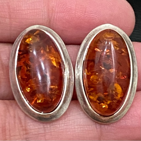 Vintage Sterling Silver Handcrafted Cabochon Oval Baltic Amber Earrings 7.4g - Picture 9 of 15